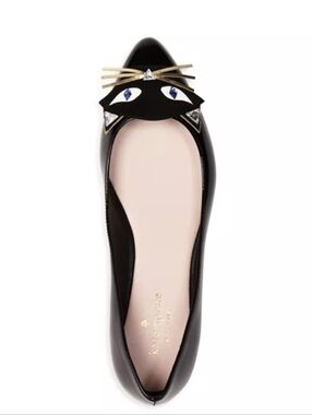 RARE kate spade NATASHA Black Patent Pointed-Toe Cat Face Flats